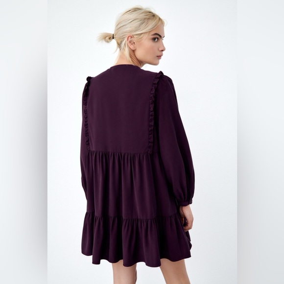 Zara Balloon Sleeve Ruffle Baby Doll A Line Tiered Mini Dress Size L Black - Picture 2 of 13